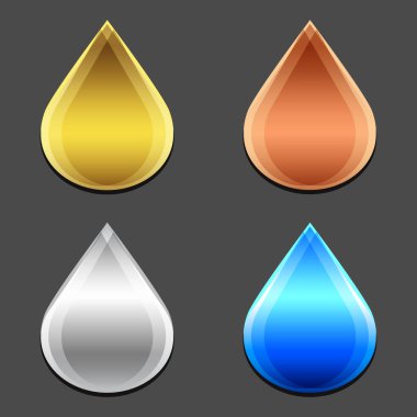 Düşen logolar seti. Şirket kimliğinin grafiksel konsepti. Temiz su, yağ sembolü ve diğer sıvı ikonlar. Mavi, altın, gümüş ve bronz ikonlar. Jpeg