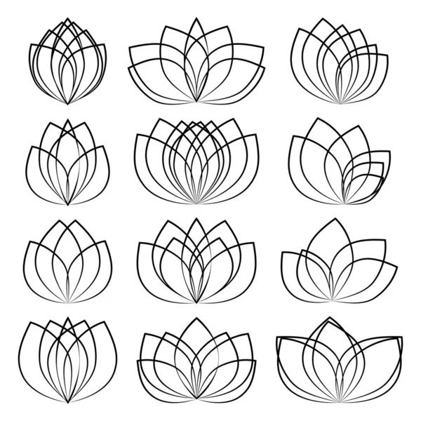 Çeşitli siyah lotus logo şablonları. Çiçek eskiz koleksiyonu. Çiçek tasarımı sembolü. Jpeg illüstrasyonu