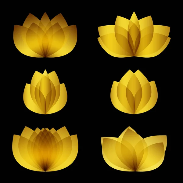 Golden lotus logos set on black background. Gold floral logotypes template of beauty salon. Flower blossom symbols collection of yoga or spa. Jpeg illustaration — Stock Photo, Image