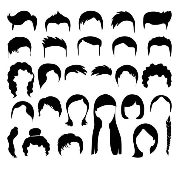 Big black hair silhouettes collection of fashionable haircuts or hairstyles for mens or girls, isolated on white background. Fashion hand drawn jpeg illustration — Stock Photo, Image