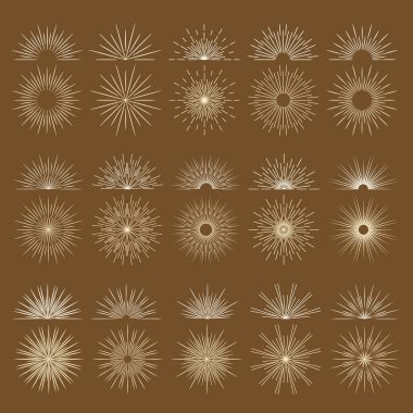 Vintage patlama ışınları havai fişek yassı ikonlar ayarlandı. Grafiksel semboller yarım gün batımı yıldız patlaması. Vektör retro tasarım elementleri gün doğumu ışık patlaması çizgi güneş ışığı