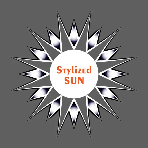Stylized black-white sun on grey background. Decorative graphic design sign. Bright sun rays sunburst sunbeams as summer symbol. Vintage vector frame — Stock Vector