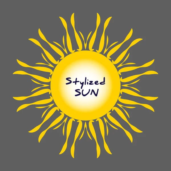 Logo de sol estilizado. Hermoso diseño vectorial sol amarillo sobre gris. Rayos de sol brillantes rayos de sol rayos de sol como símbolo de verano. Obras de arte de marco vintage. Decoración de patrón dorado retro — Archivo Imágenes Vectoriales