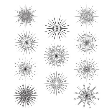 Havai fişek silueti siyah koleksiyonu. Tatil ve parti kutlama patlaması, festival veya karnaval havai fişeği. Patlama şekli şekilli grafik beyaz arka planda izole edildi. Jpeg