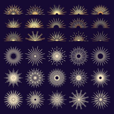 Patlayan havai fişekler güneş ışınları yıldız patlaması düz çizgi film ikonları koleksiyonu. Bir dizi klasik patlama şekli farklı gündoğumu, gün batımı deseni. Kutlama patlaması, dekoratif unsurlar. Jpeg