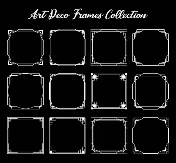 Set of white art deco square ornament borders on black background. Vector retro photo frames template. Vintage luxury pattern design elements — Stock Vector