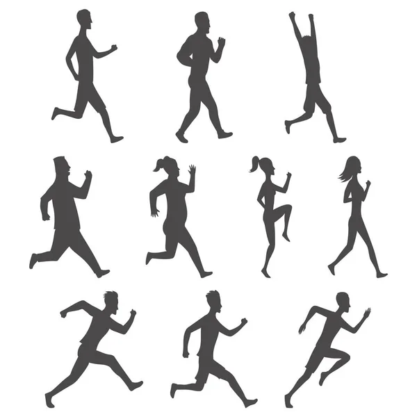 Sada sportovních pohybů, silueta lidí. Aktivní fitness, běh, cvičení a atletický muž a žena různé velikosti. Návrh vektorového plochého bočního pohledu v černé barvě — Stockový vektor