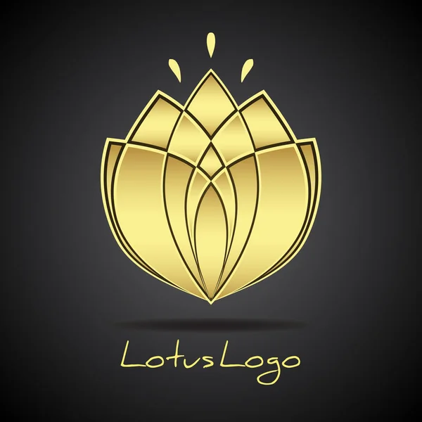 Logo Zlatého lotosu. Přírodní styl lázní, kosmetiky nebo kosmetického salonu. Design květinový symbol na černém pozadí. Šablona vektorového organického květinového znaku — Stockový vektor