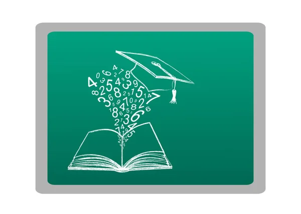 Krijtgetekende voorwerpen op groen krijtbord. Set van open boek, cijfers en onderwijs cap als concept het bereiken van wijsheid door te leren. Modern design sjabloon banner of poster voor terug naar school. Jpeg — Stockfoto