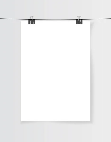 Blank white A4 paper hanging on binder clips with shadow. Empty poster layout in the gallery. Jpeg mock up illustration. Vertical template sheet isolated on a gray background — Stock Photo, Image