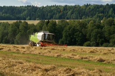 Tarım makinelerini hasatçılarla birleştirin. Tahıl hasat makinesi.