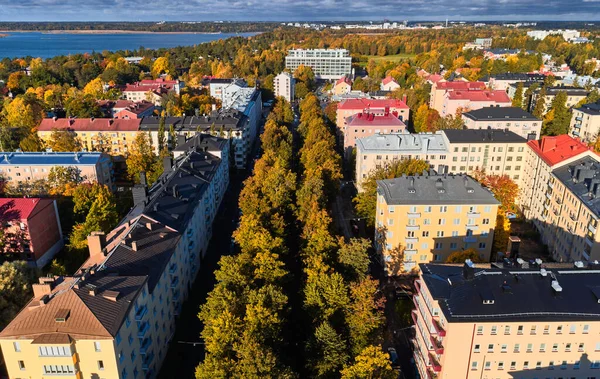 Luchtfoto Van Straat Met Veel Gele Bomen Het Herfststadsgezicht Helsinki — Stockfoto