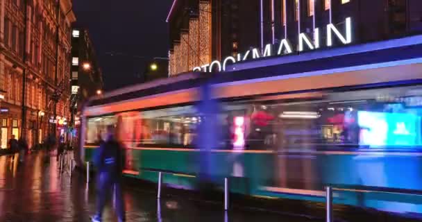 Helsinki Finland October 2020 Timelapse Trams Moving Aleksanterinkatu Street People — Stock Video