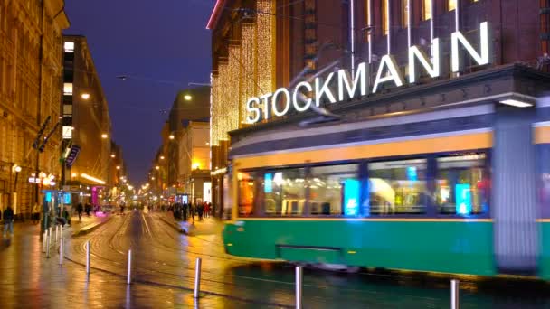 Helsinki Finland October 2020 Trams Moving Aleksanterinkatu Street People Walking — Stock Video