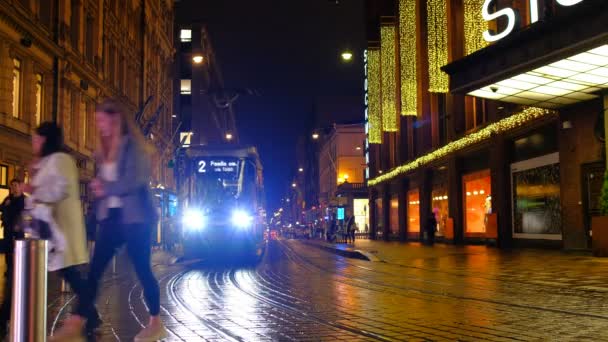 Helsinki Finland October 2020 Trams Moving Aleksanterinkatu Street People Walking — Stock Video