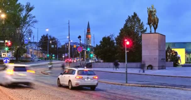 Helsinki Finlandia Października 2020 Ulica Mannerheimintie Centralnych Helsinkach Widok Posąg — Wideo stockowe