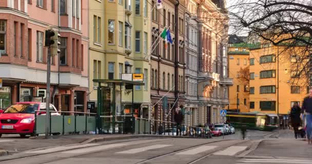 Finlandia Helsinki Novembre 2020 Erottajankatu Del Quartiere Kaartinkaupunki Nella Soleggiata — Video Stock