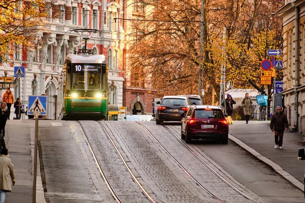 Финляндия Хельсинки Ноября 2020 Года Классический Зеленый Трамвай Хельсинки Erottajankatu — стоковое фото
