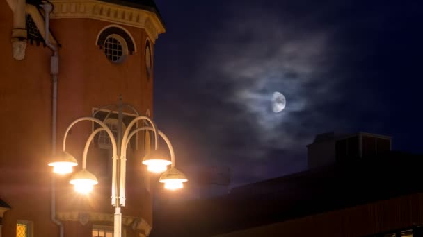 Night Cityscape Old European City Moon Clouds Helsinki Finland Time — Stock Video