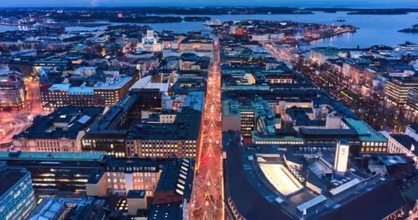 Helsinki Finland December 2020 Aerial Hyperlapse Van Aleksanterinkatu Avond Straat — Stockvideo