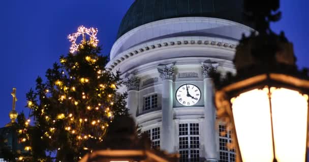 Old Clock Dome Helsinki Cathedral Finland Foreground Christmas Tree Street — Stock Video