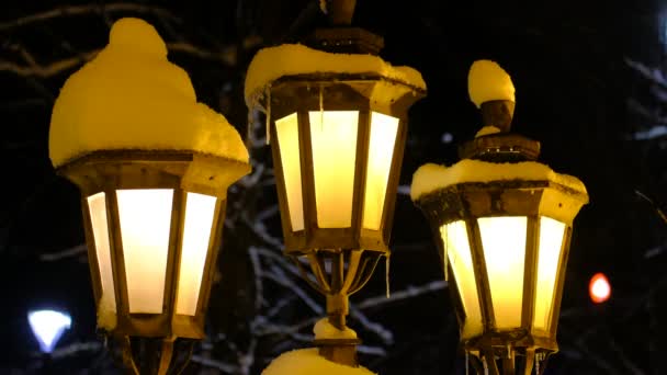 Las Clásicas Lámparas Calle Antiguas Durante Nevada Europa — Vídeos de Stock