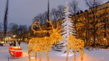 Helsinki, Finlandiya - 12 Ocak 2021: Kar yağdıktan sonra Esplanadi Parkı. Park Noel için dekore edildi.