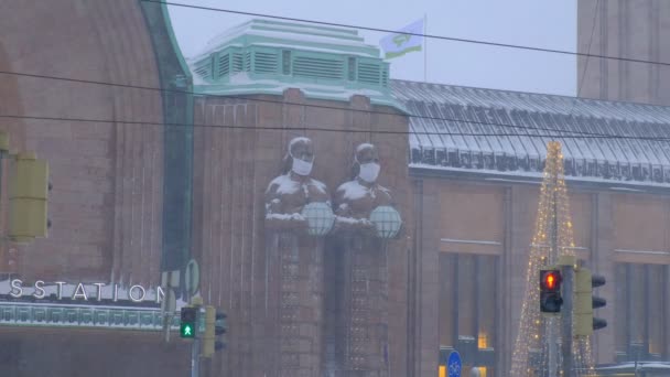 Helsinki Finlandia Gennaio 2021 Stazione Centrale Durante Forte Bufera Neve — Video Stock