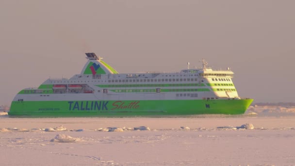 フィンランドのヘルシンキ 2021年1月16日 エストニアの海運会社タリンクが所有するクルーズフェリーMsスター フェリーは氷に覆われた海を渡って移動しています — ストック動画