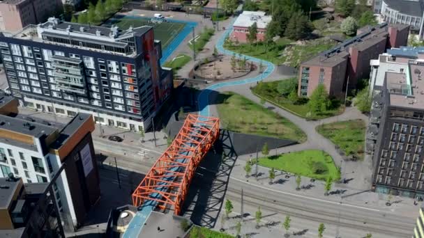 Helsinki Finland May 2021 Aerial View Modern Orange Pedestrian Bridge — Stock Video