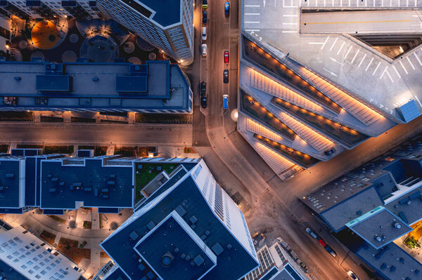 Aerial view of the modern apartment buildings and multilevel parking in Helsinki. Modern Nordic Architecture in Finland.