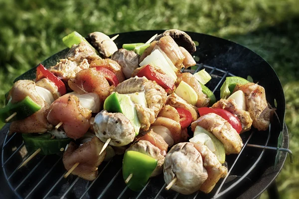 Grilling shashlik on barbecue grill Stock Photo