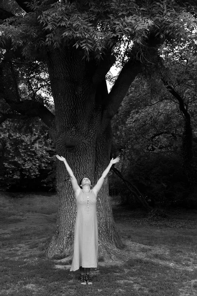 Donna vicino a un albero nel parco — Foto Stock