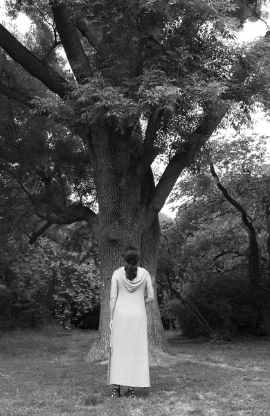 Donna vicino a un albero nel parco — Foto Stock