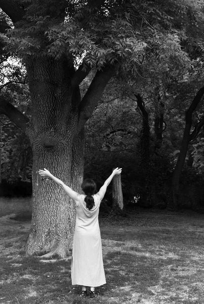 Donna vicino a un albero nel parco — Foto Stock