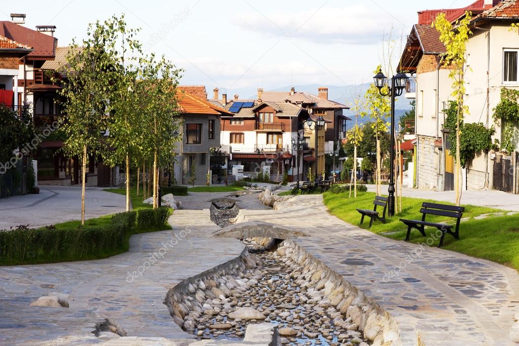 Street view and stone paved road, Bansko, Bulgaria