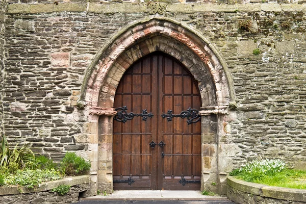 Schwere verzierte Holztüren in altem Steingebäude — Stockfoto