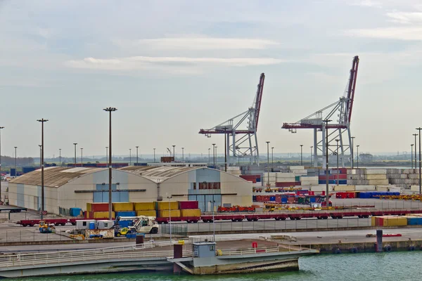 Морський порт з завантажувальними кранами та контейнерами Ліцензійні Стокові Зображення