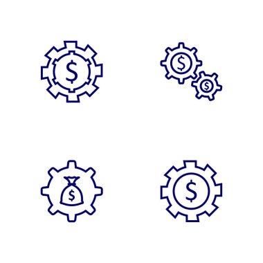 Gear logo tasarım vektör şablonu, iş logosu tasarım konsepti, simge sembolü içeren para kümesi