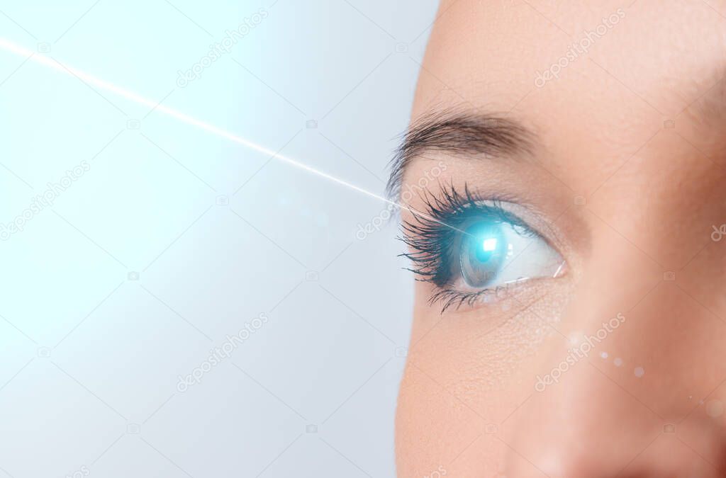 woman's eye close-up. Laser beam on the cornea. Concept of laser vision correction, ophthalmology.