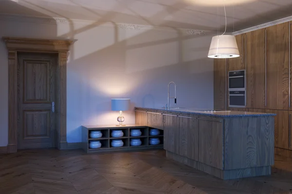 Diseño interior clásico de cocina de madera nueva. 3d renderizar . — Foto de Stock