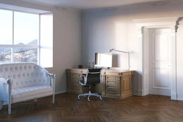 Zarif office deniz görünümü penceresi ile dolap. 3D render. — Stok fotoğraf