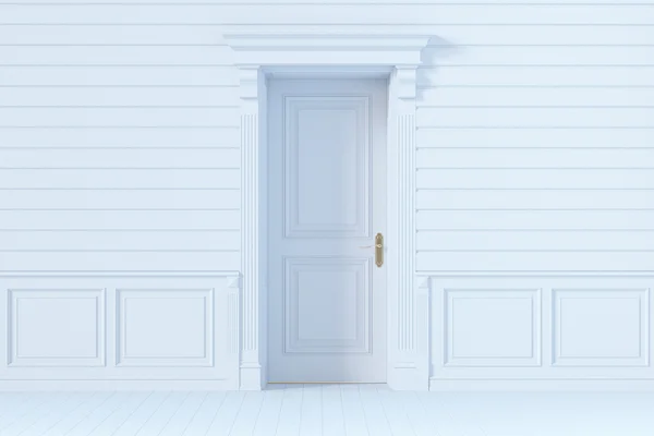 Closed door in white wooden interior. 3d render. — Stock Photo, Image