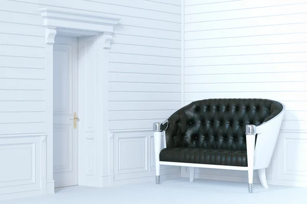 Classic leather sofa in wooden white interior. 3d render. — Stock Photo, Image