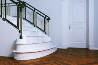 Yeni klasik iç kapalı kapı ve mermer merdiven. 3D r