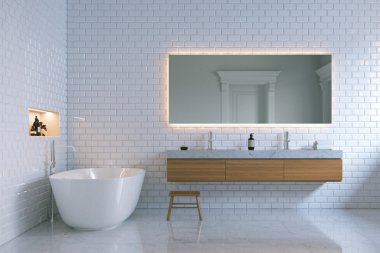 Lüks iç banyo tuğla duvarlı. 3D render.