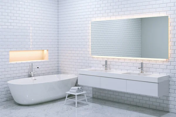 Beyaz lüks banyo iç tuğla duvarlı. 3D render. — Stok fotoğraf