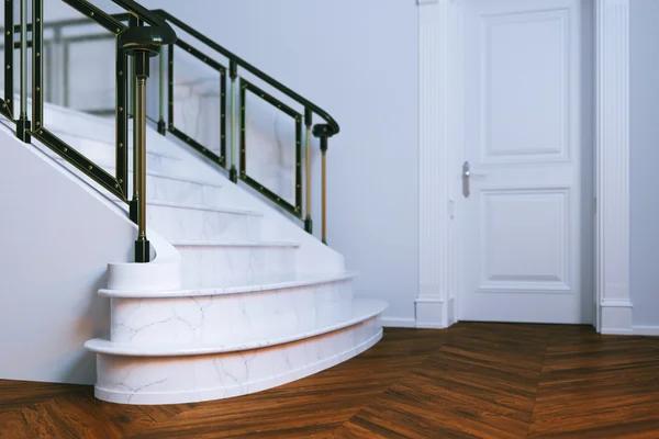 Nowe, klasyczny wystrój wnętrz z zamkniętymi drzwiami i marmurowe schody. 3D r — Zdjęcie stockowe