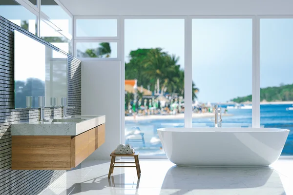 Elegant bathroom with panoramic window. 3d render. — Stock Photo, Image