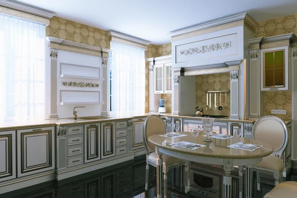 Luxe interieur van vintage keuken met eethoek. 3D render. — Stockfoto